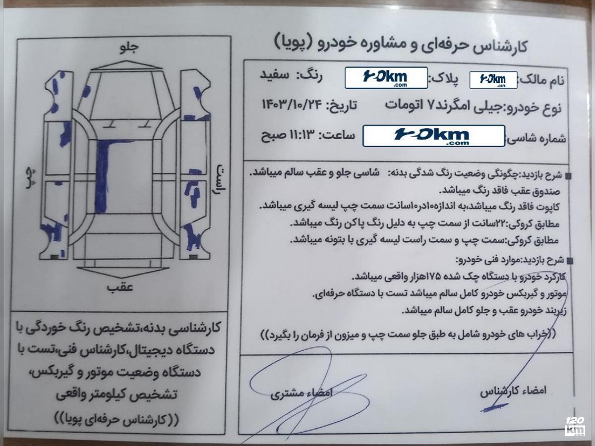 فروش جیلی امگرند 7 ۲۰۱۳ سفید چند لکه رنگ کرمان سیرجان (۲۵ دی ۱۴۰۳)