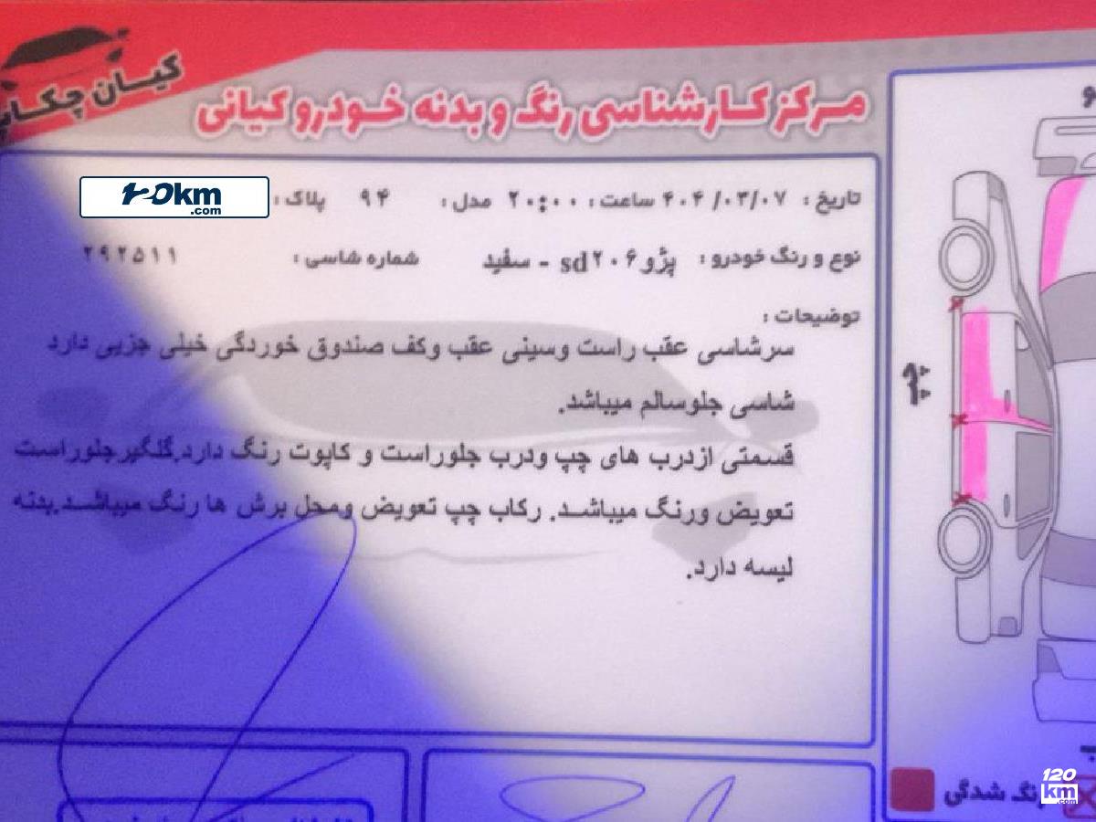 فروش پژو 206 SD V8 ۱۳۹۴ سفید چند لکه رنگ تهران قرچک (۱۳ خرداد ۱۴۰۴)