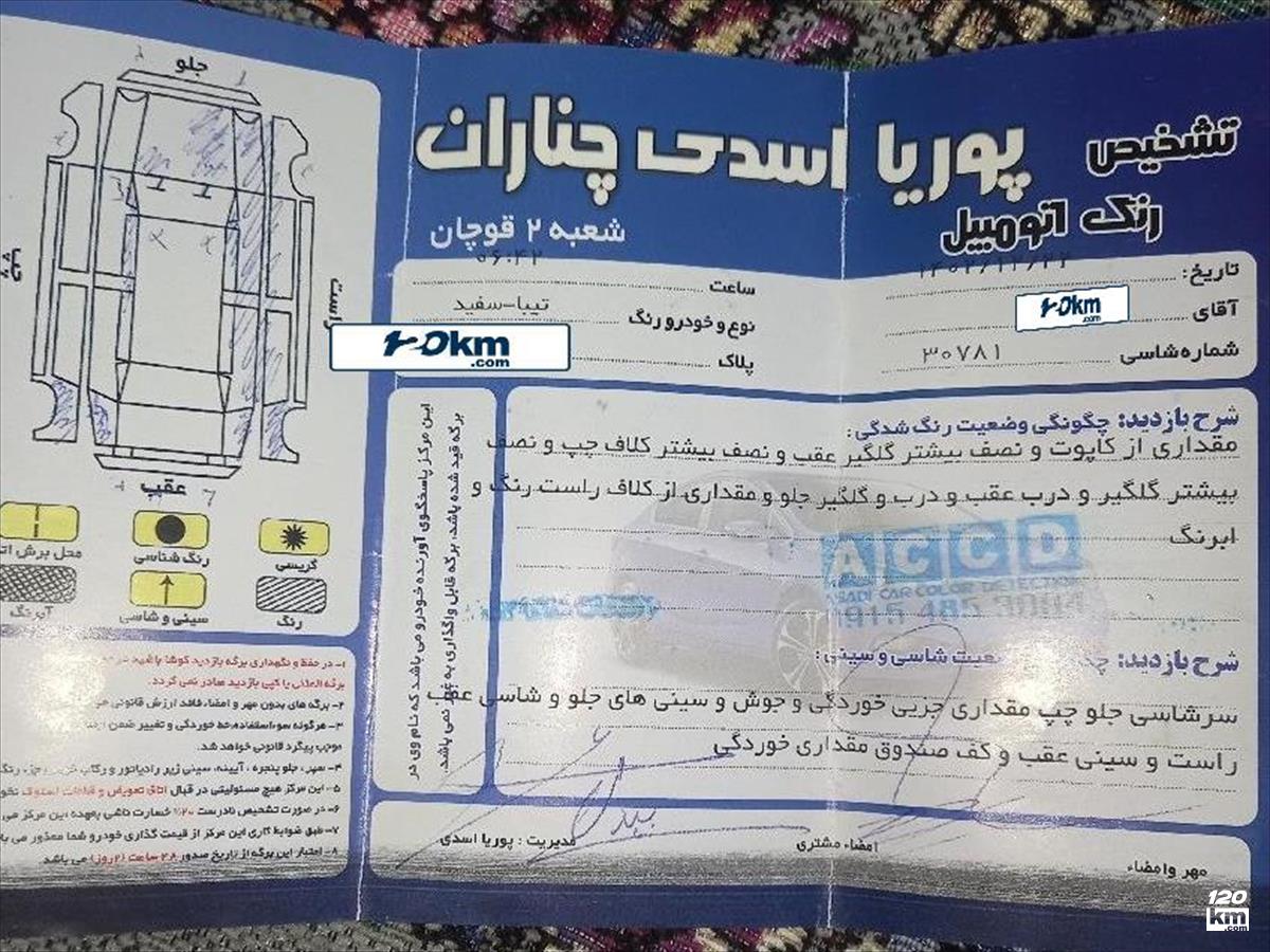 فروش تیبا صندوقدار ۱۳۹۵ دوگانه سوز سفید چند لکه رنگ خراسان رضوی چناران (۹ شهریور ۱۴۰۴)