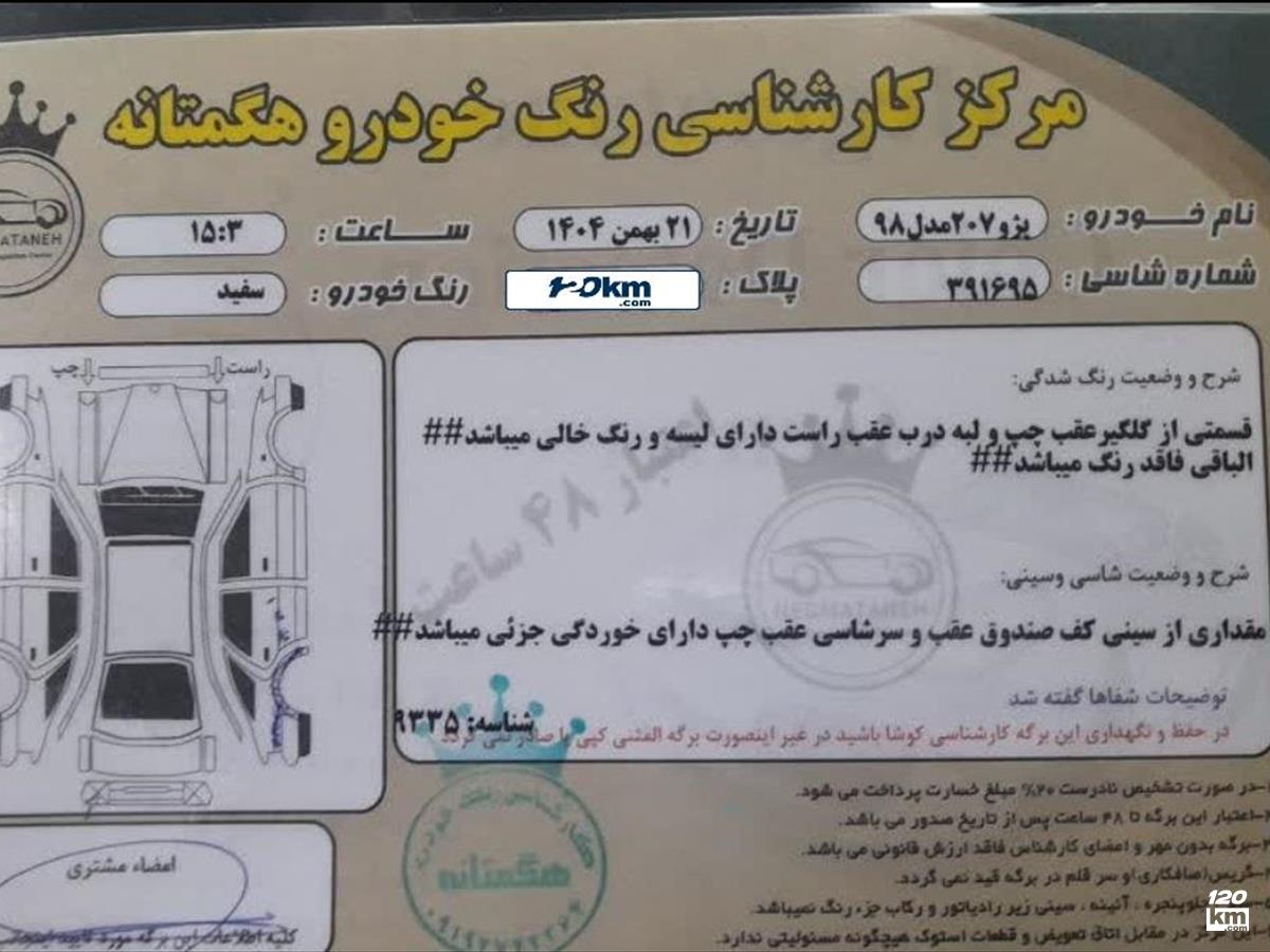 فروش پژو 207 ۱۳۹۸ سفید بدون رنگ تهران اسلامشهر (۲۲ بهمن ۱۴۰۴)